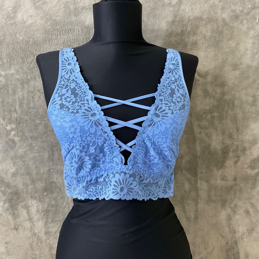 Victoria Secret Pink Bralette Large Blue Lace Top Criss Cross front adj. Straps